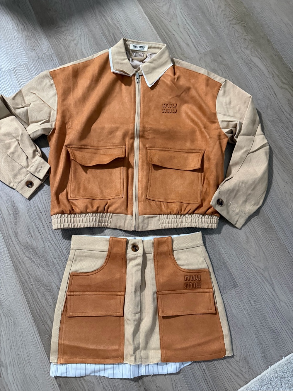 Miu Miu Tan and Beige Two-Piece Suede & Canvas Skirt Set